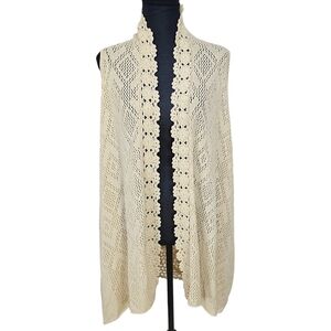 Rebecca Elliot Cottagecore Boho Tan Crochet Knit Open Front Vest Cardigan Small